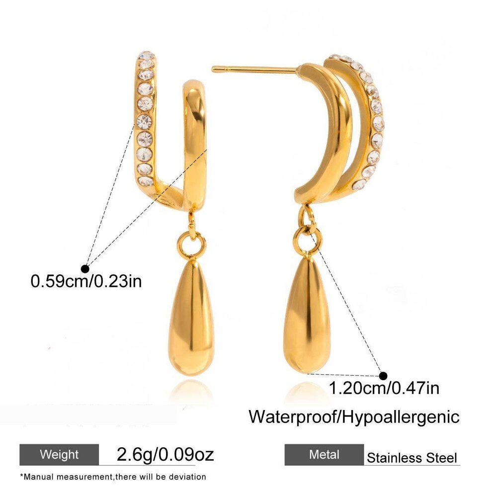 1 Pair Gorgeous Droplet Stainless Steel Waterproof Gold Color Zircon Women's Drop Earrings Picture2