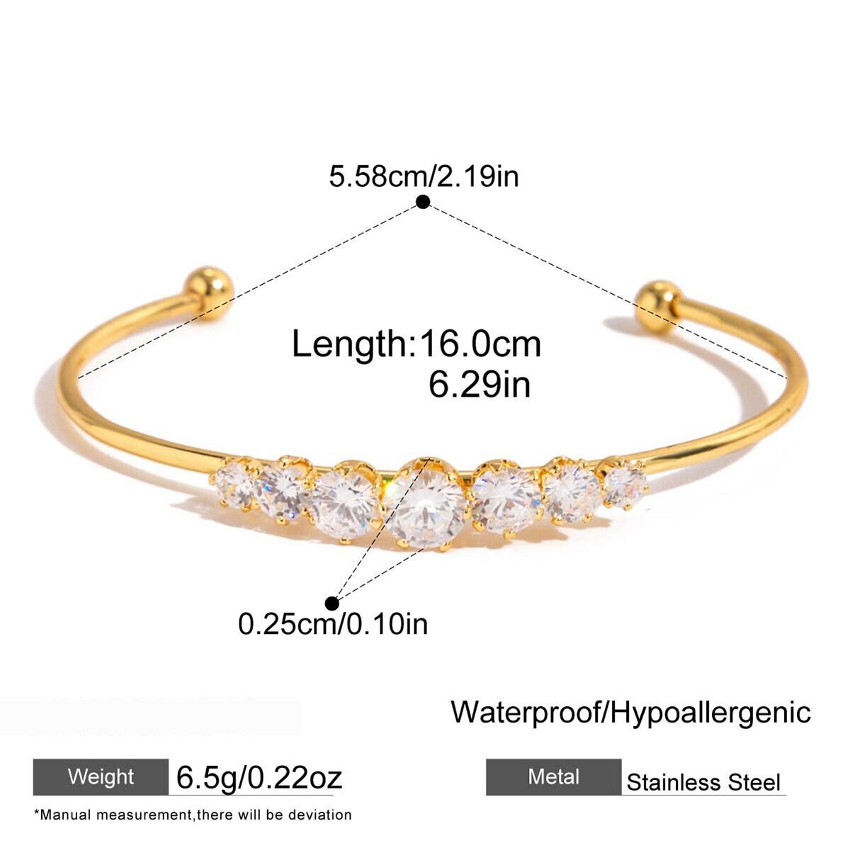 1 Piece Luxurious Circle Stainless Steel Waterproof Gold Color Zircon Women's Bangles h5 Picture2