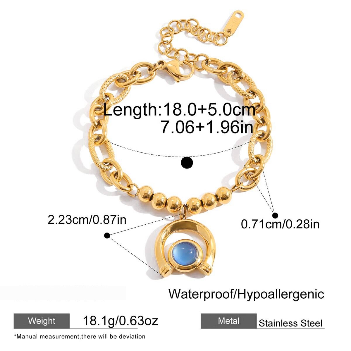 1 Piece Luxurious Blue Resin Circle Stainless Steel Waterproof Gold Color Women's Charm Bracelets h5 