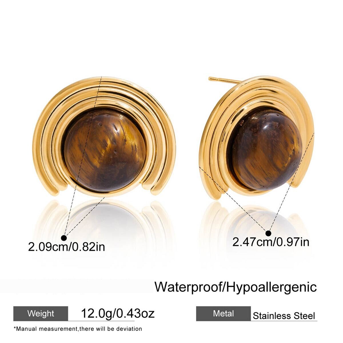 1 Par De Pendientes Clásicos De Piedra Natural Ornamentada De Acero Inoxidable, Resistentes Al Agua, Color Dorado, Para Mujer Imagen2