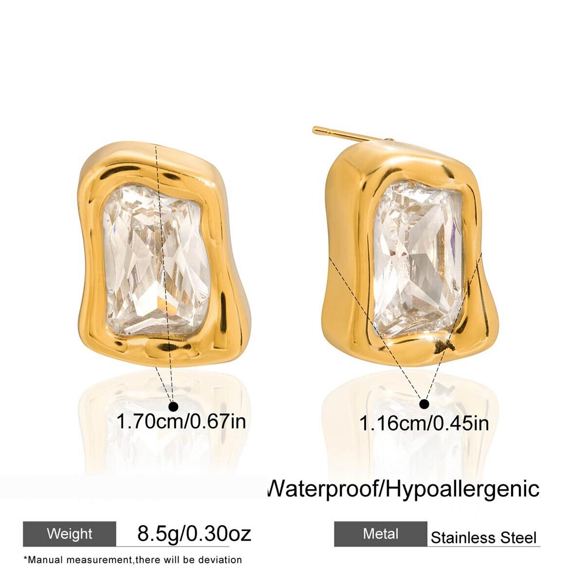 1 Pair Radiant Rectangular Shape Zircon Stainless Steel Waterproof Gold Color Women's Stud Earrings h5 