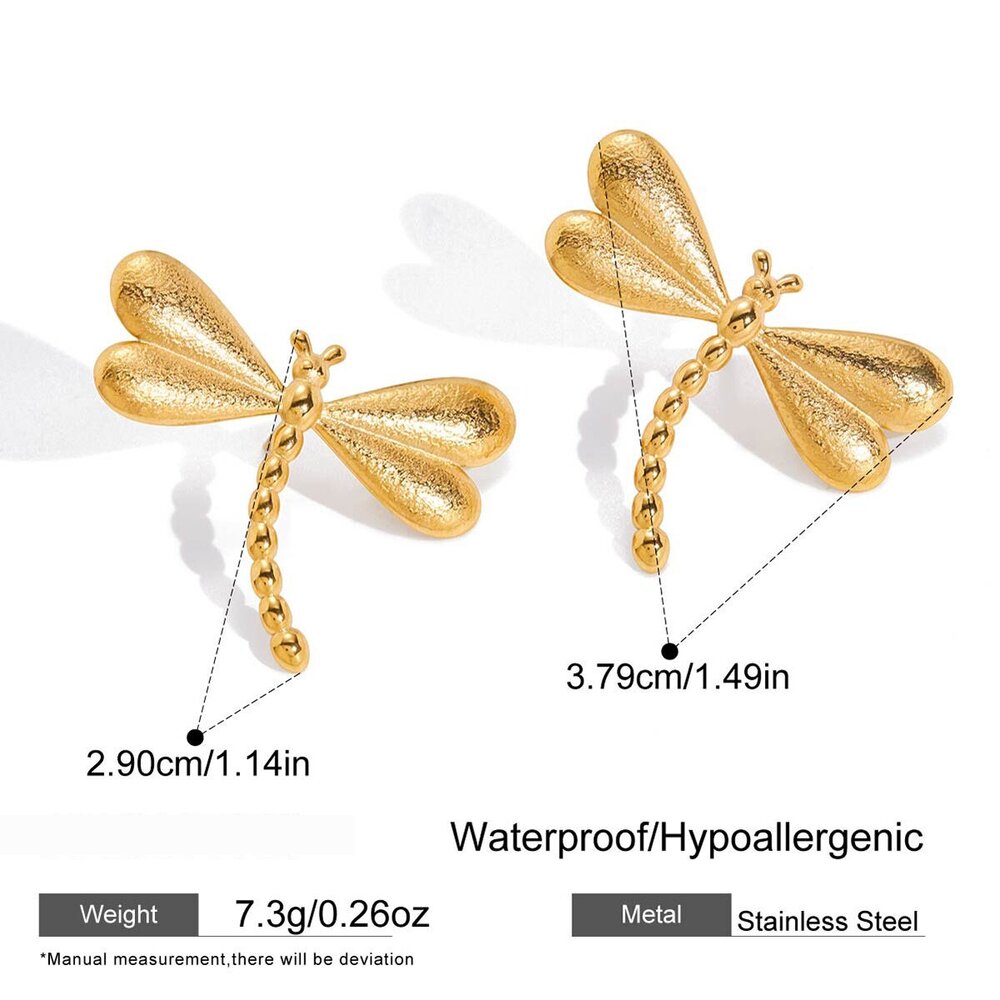 1 Pair Gorgeous Dragonfly Stainless Steel Waterproof Gold Color Women's Stud Earrings Picture2