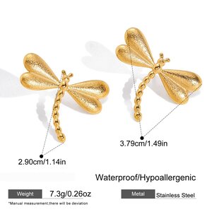 1 Pair Gorgeous Dragonfly Stainless Steel Waterproof Gold Color Women's Stud Earrings h5 Picture2
