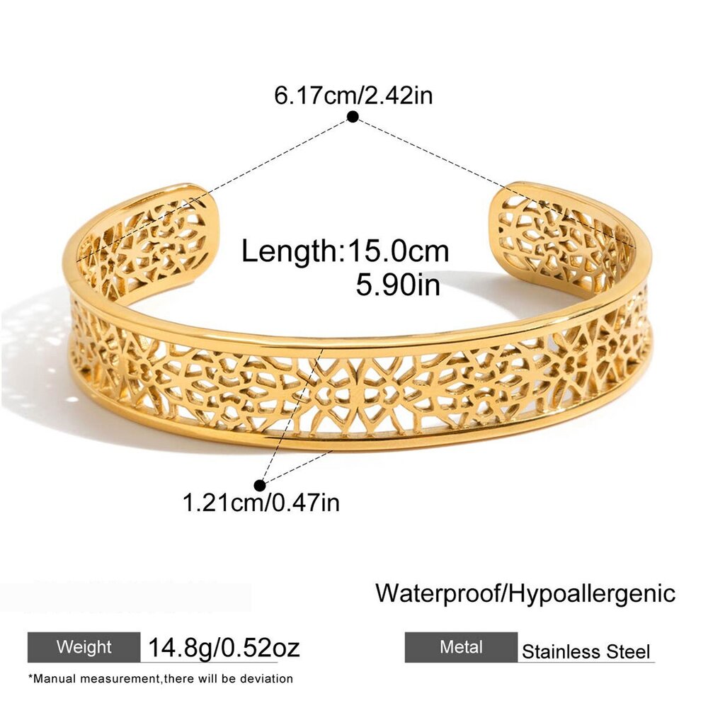1 Stück Aufwendig Gearbeitetes, Durchbrochenes, Wasserdichtes Armreif-Armband Aus Edelstahl In Goldfarbe Für Damen Bild2