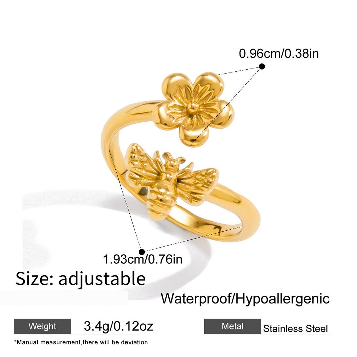 1 Stück Statement-Ring Aus Edelstahl Mit Natürlichem Blumen- Und Bienenmotiv, Wasserfest, Goldfarben Bild2