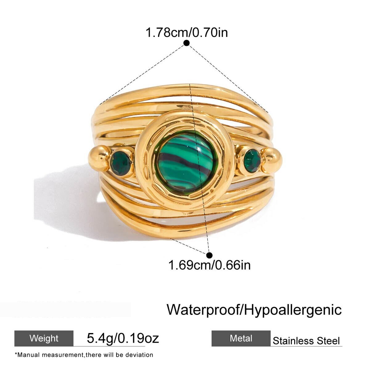 1 Piece Classic Malachite Lines Stainless Steel Waterproof Gold Color Women's Gemstone Rings Picture2