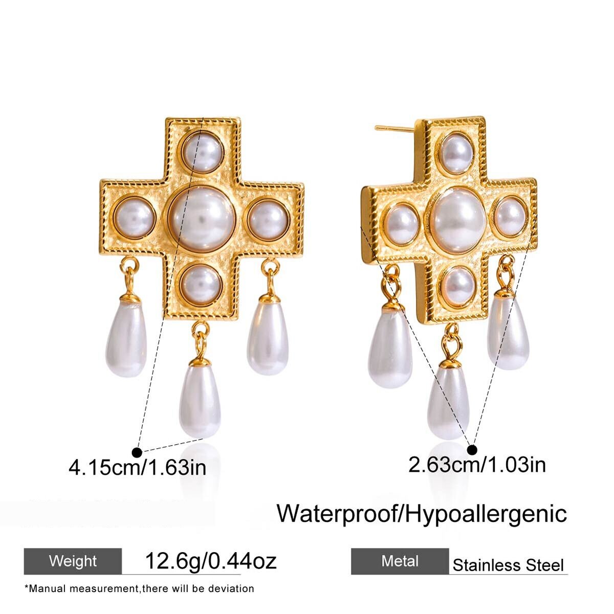 1 Pair Luxurious Droplet Cross Stainless Steel Waterproof Gold Color Women's Drop Earrings Picture2