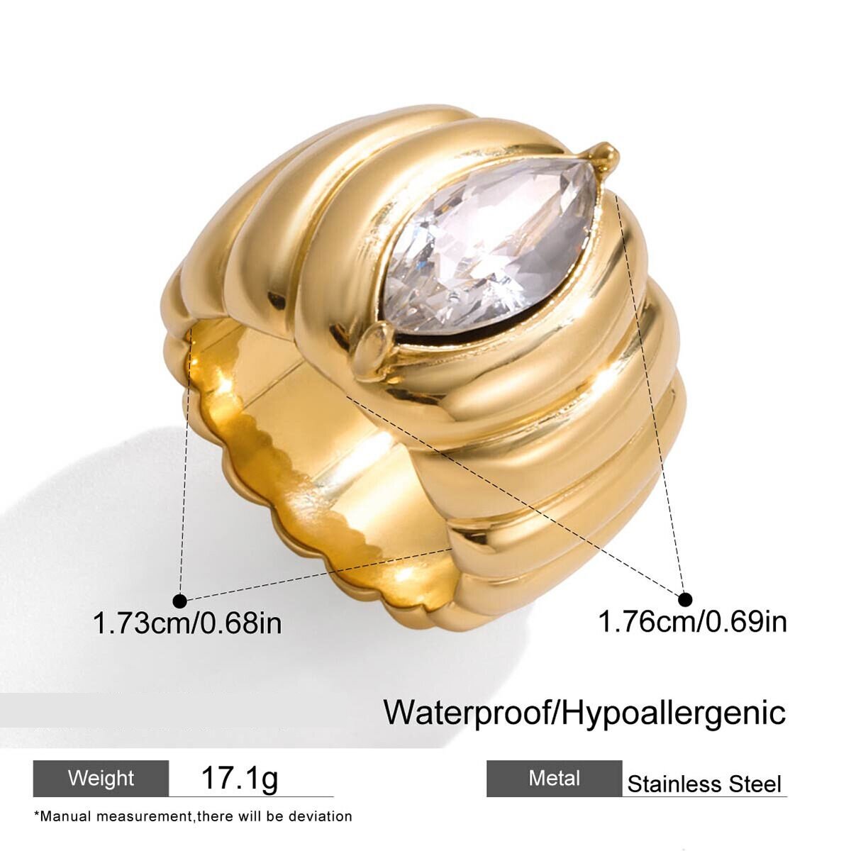1 Piece Luxurious Strip Stainless Steel Waterproof Gold Color Statement Rings h5 Picture2