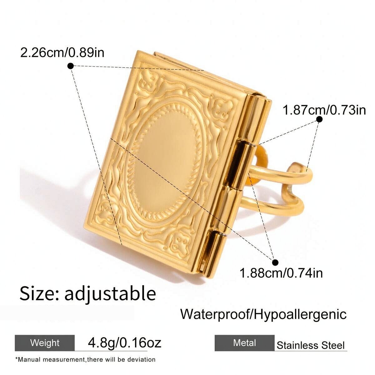 1 Piece Romantic Rectangle Photo Album Stainless Steel Waterproof Gold Color Statement Rings h5 Picture2