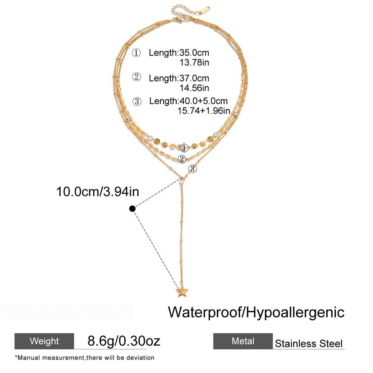 1 Elegante, Mehrlagige Damenhalskette Aus Edelstahl, Wasserdicht, Goldfarben, Mit Zirkonia Bild2