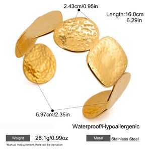 1 Piece Classic Circle Hammer Pattern Stainless Steel Waterproof Gold Color Women's Cuff Bracelets h5 Picture2