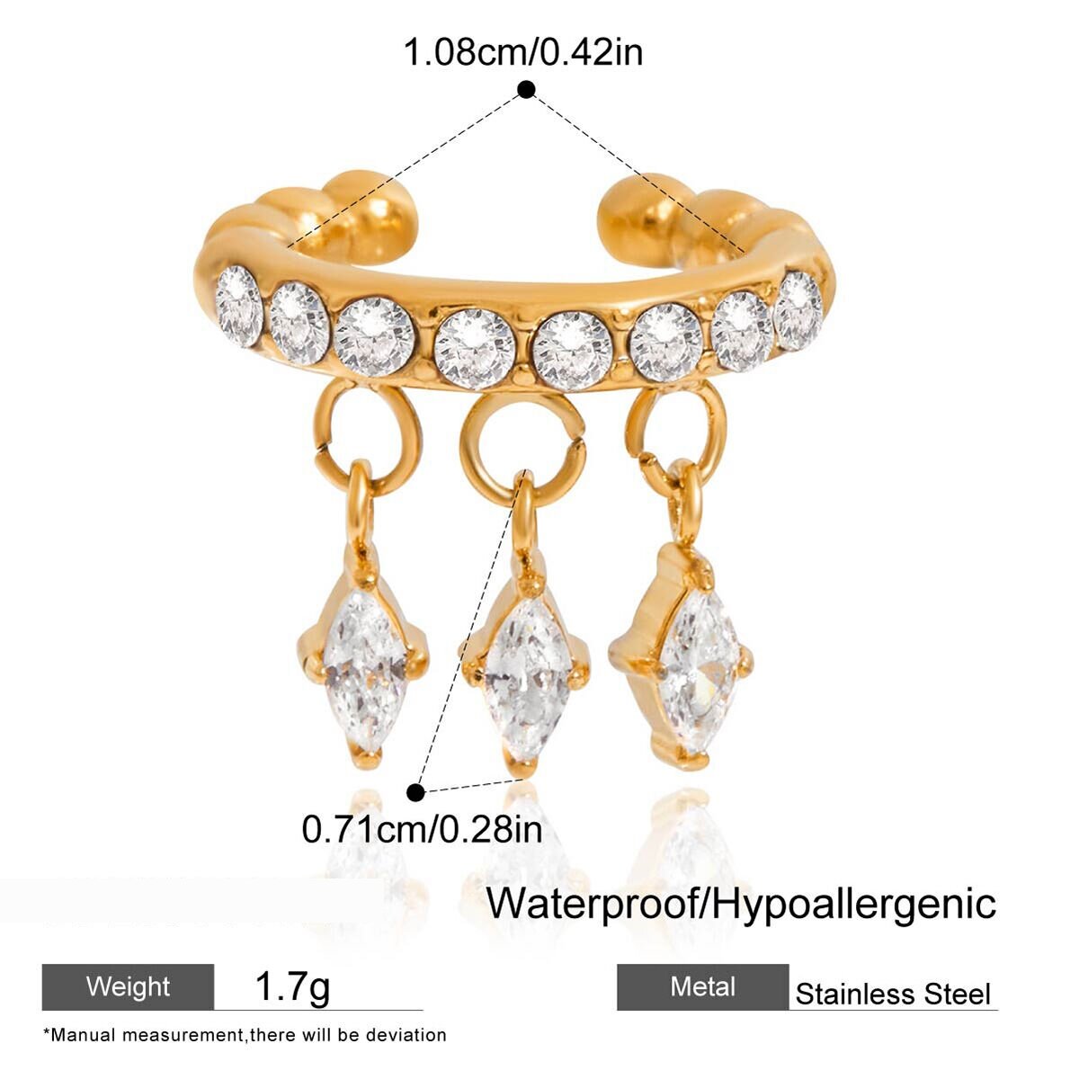 1 Piece Elegant Rhombus Tassel Stainless Steel Waterproof Zircon Women's Ear Cuffs Picture2