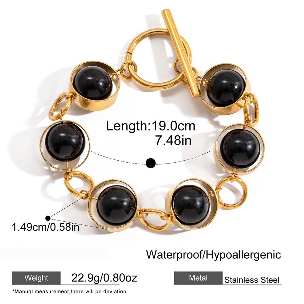1 Piece Black Glass Beads Stainless Steel Waterproof Gold Color Women's Beaded Bracelets h5Picture2
