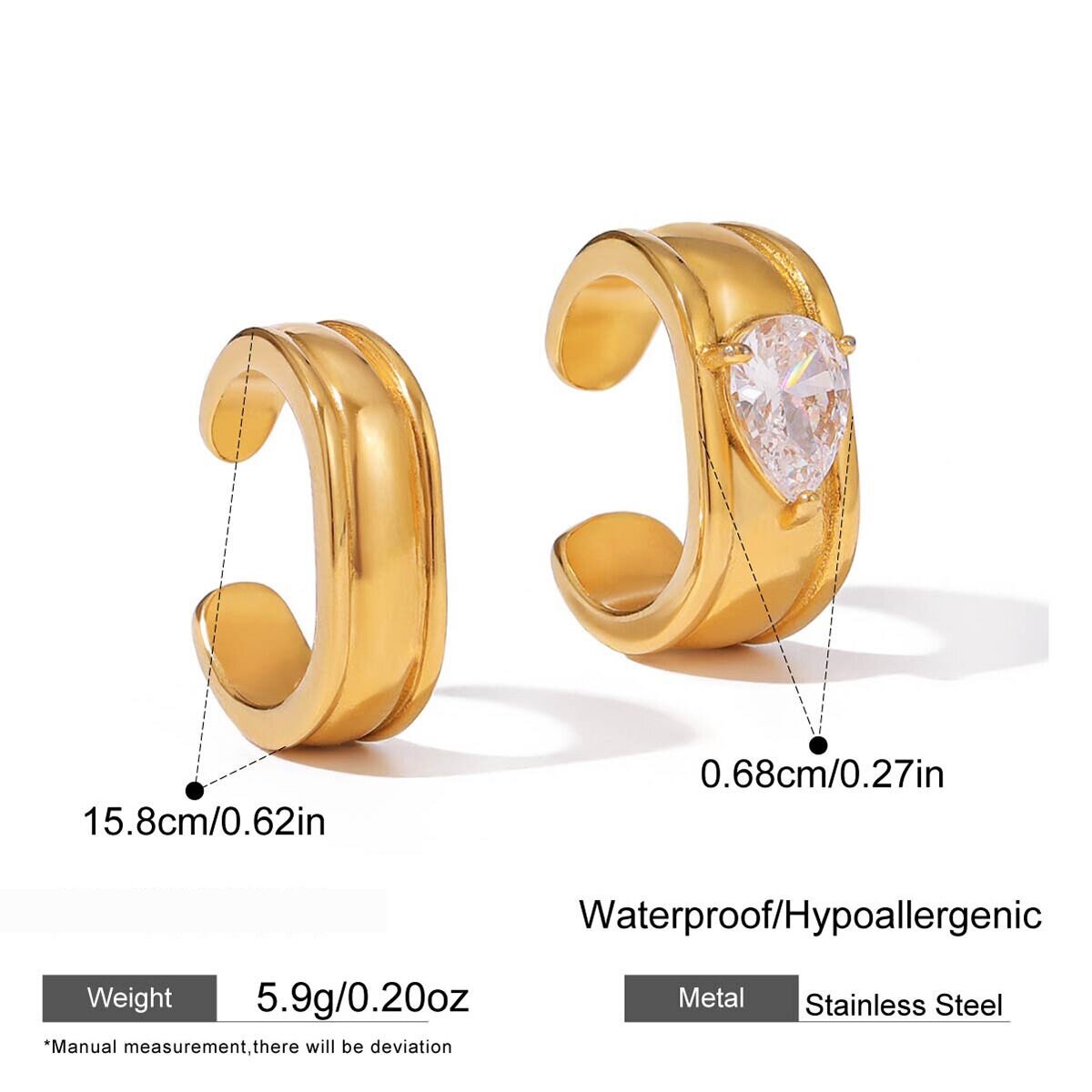1 Pair Minimalist Droplet Zircon Stainless Steel Waterproof Gold Color Women's Ear Cuffs Picture2