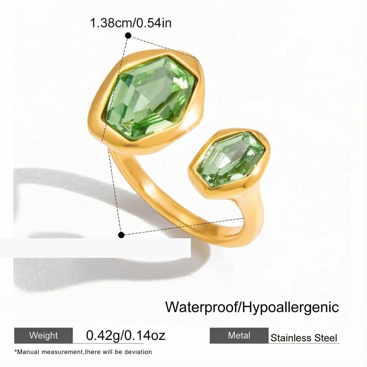 Bague Pour Femme En Acier Inoxydable Doré, Ornée D'Un Zircon Vert Hexagonal (1 Pièce). Image2