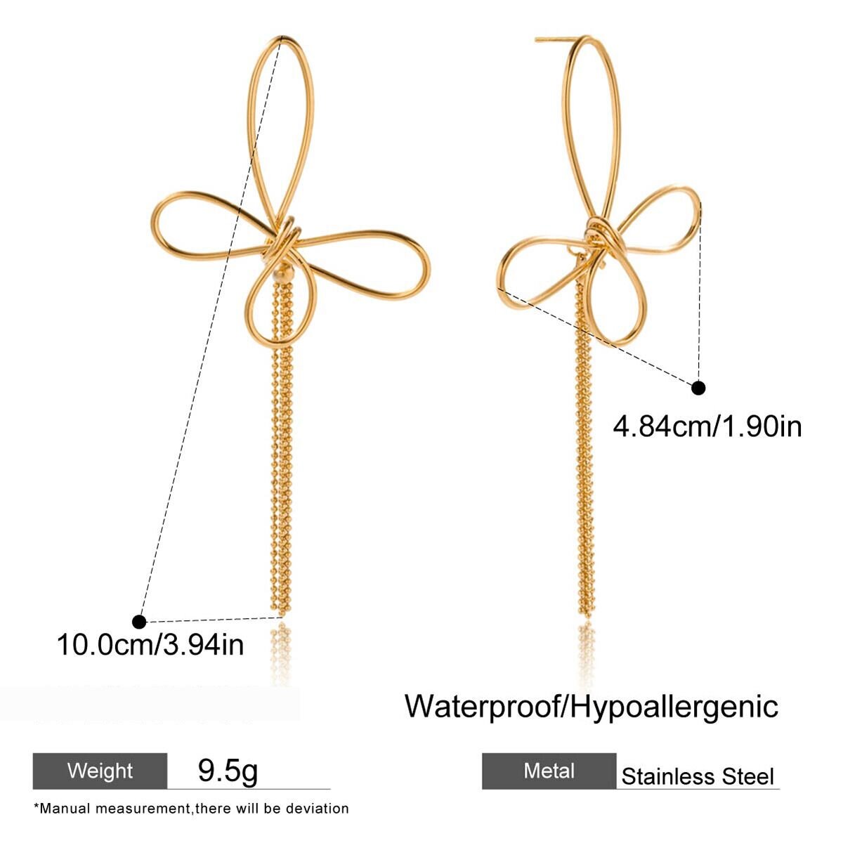 1 Pair Gorgeous Bow Knot Tassel Stainless Steel Waterproof Gold Color Women's Dangle Earrings Picture2