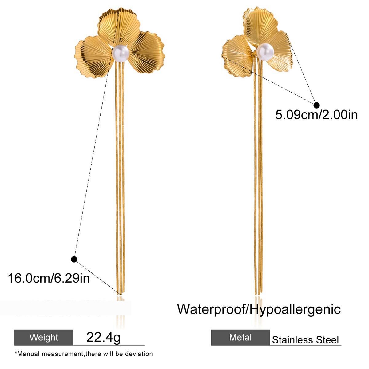 1 Pair Elegant Flower Tassel Stainless Steel Waterproof Gold Color Women's Dangle Earrings h5 Picture2