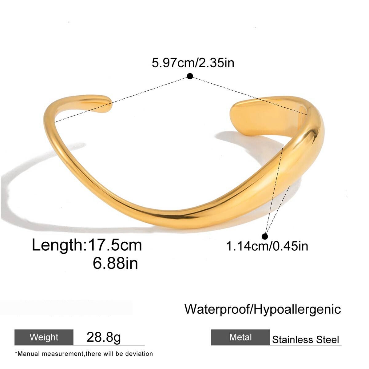 Pulsera Clásica Curva De Acero Inoxidable, Resistente Al Agua, Color Dorado, Para Mujer. 