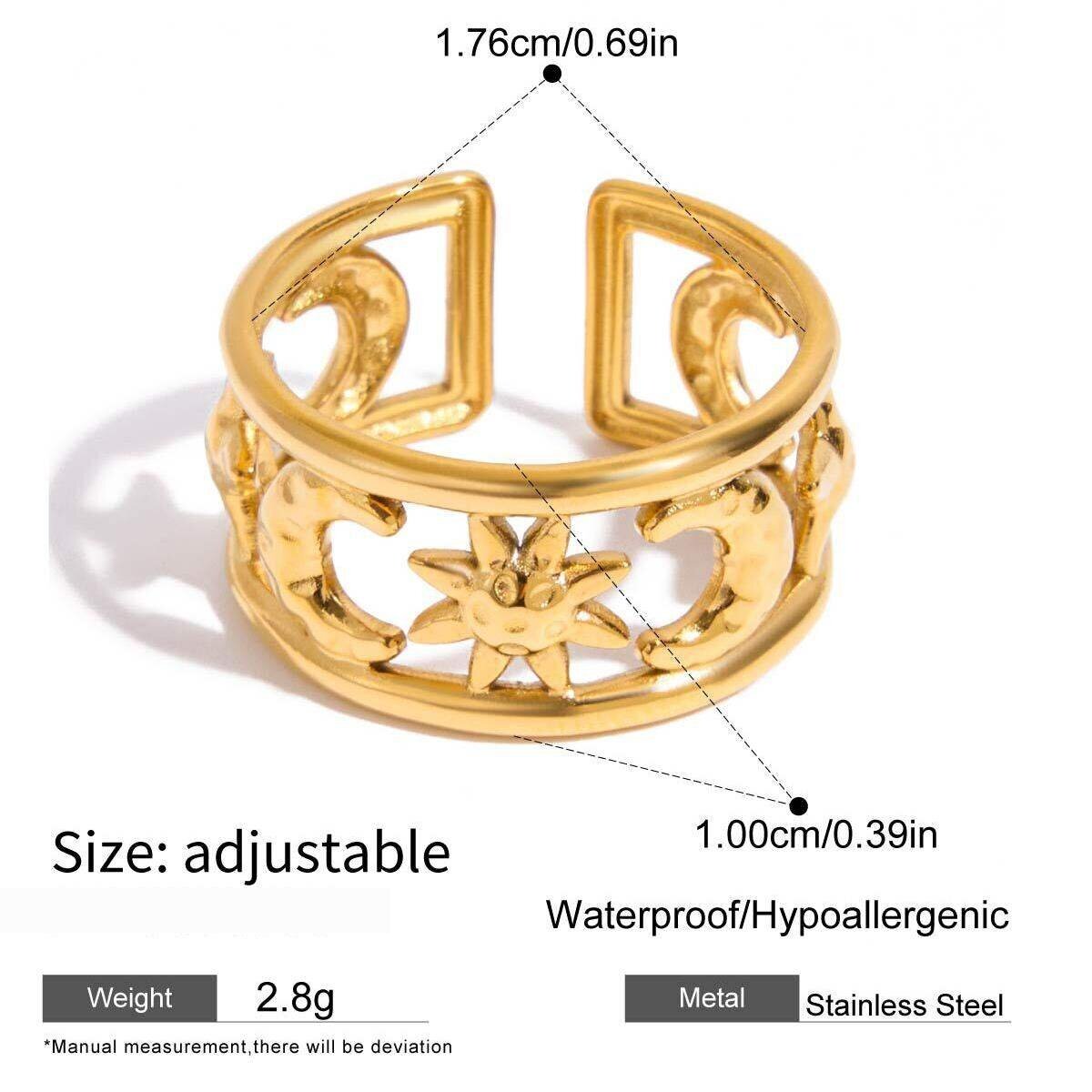 Anillos Llamativos De Acero Inoxidable, Resistentes Al Agua Y De Color Dorado, De Estilo Elegante, De Sol Y Luna, De 1 Pieza. 
