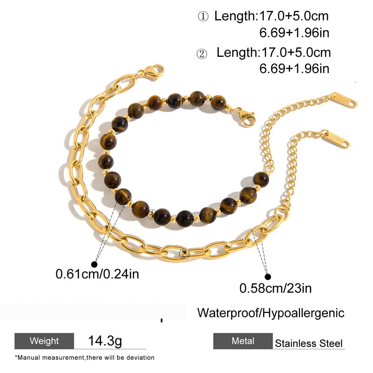 1 Piece Double-Layer Natural Stone Beads Stainless Steel Waterproof Women's Bracelets Sets 
