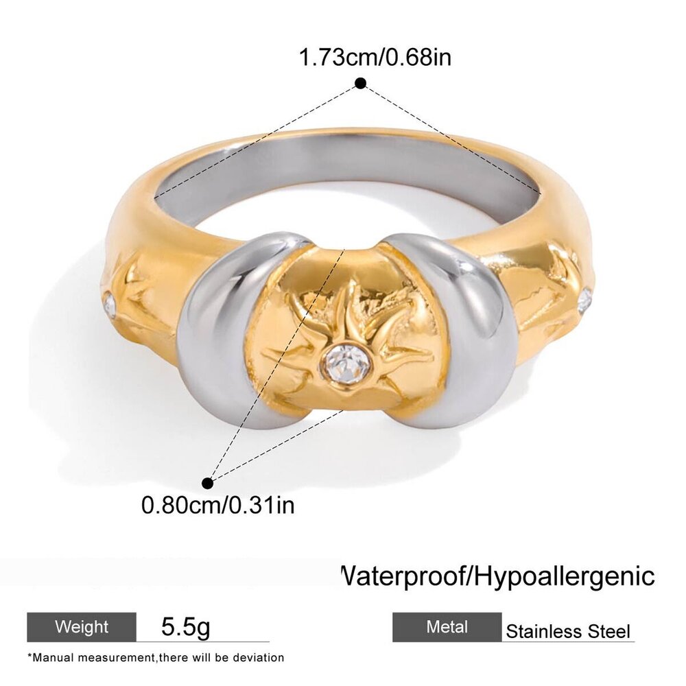 1 Piece Delicate Sun&Moon Stainless Steel Waterproof Gold Color Zircon Women's Gemstone Rings Picture2
