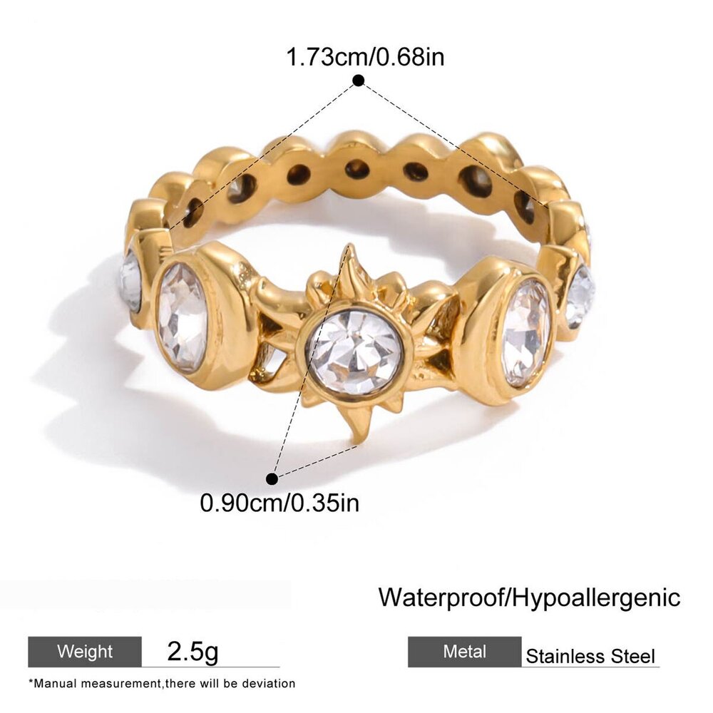 1 Piece Delicate Sun&Moon Stainless Steel Waterproof Gold Color Zircon Women's Gemstone Rings Picture2