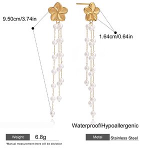 1 Pair Elegant Flower Tassel Stainless Steel Waterproof Gold Color Women's Beads Earrings h5 Picture2