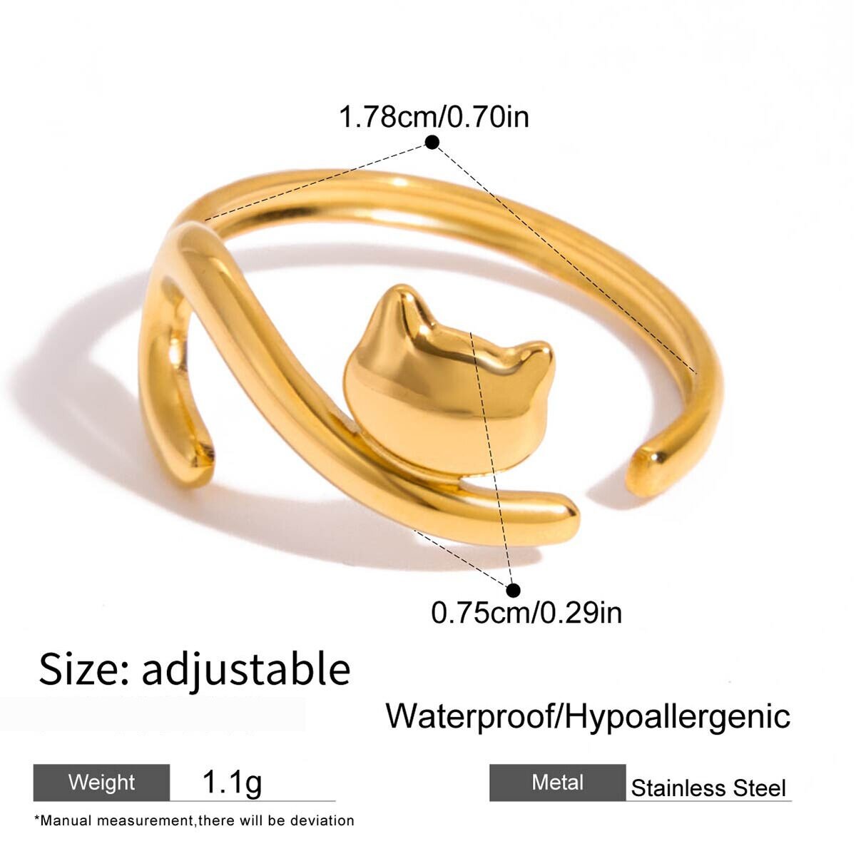 1 Piece Whimsical Dog&Cat Stainless Steel Waterproof Gold Color Statement Rings 