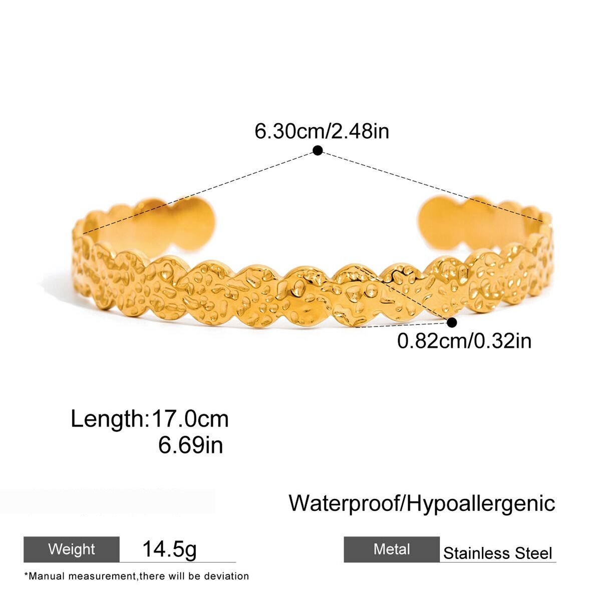 1 Piece Circle Hammered Texture Stainless Steel Waterproof Gold Color Women's Cuff Bracelets h5 