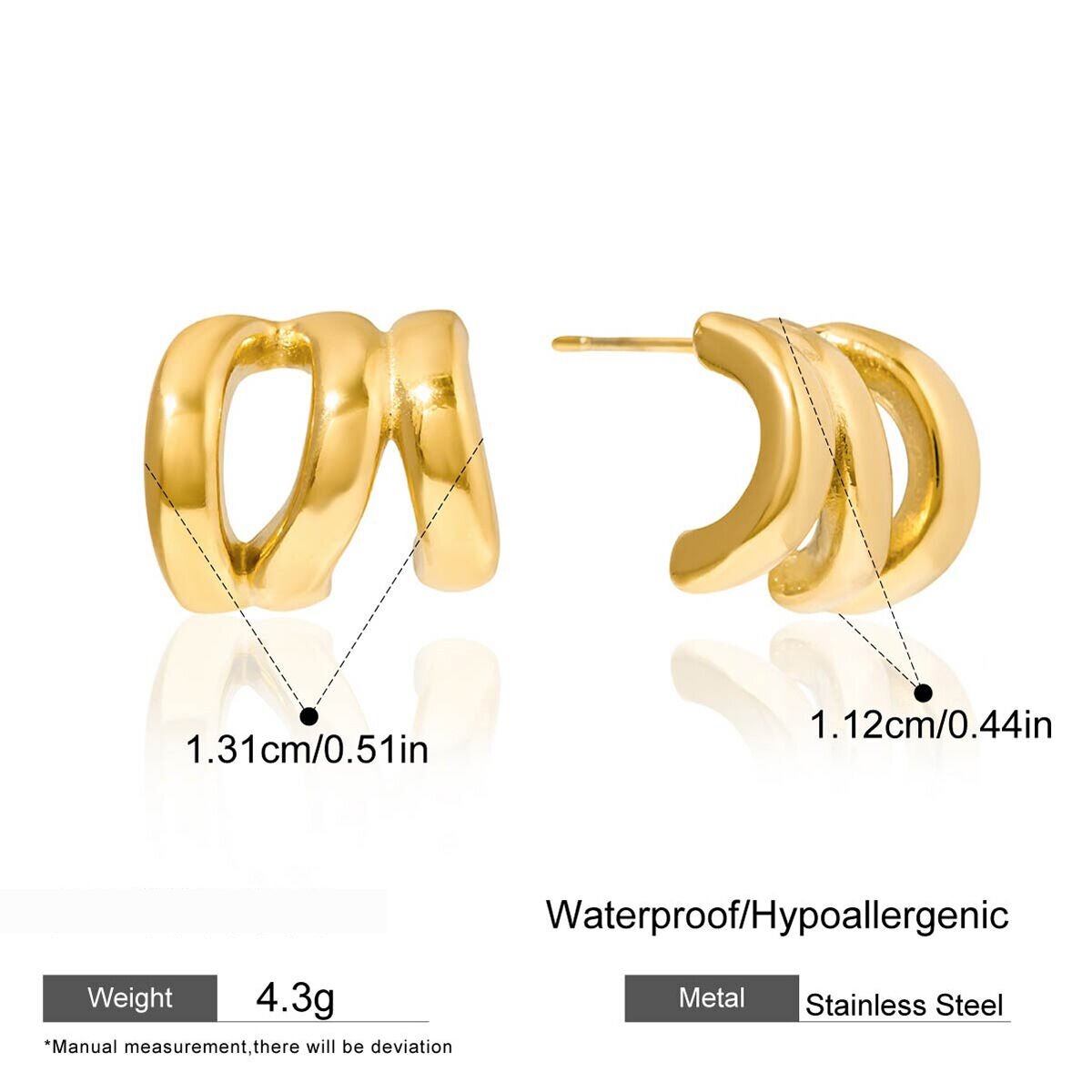 1 Pair Irregular Shape Stainless Steel Waterproof Gold Color Women's Stud Earrings 