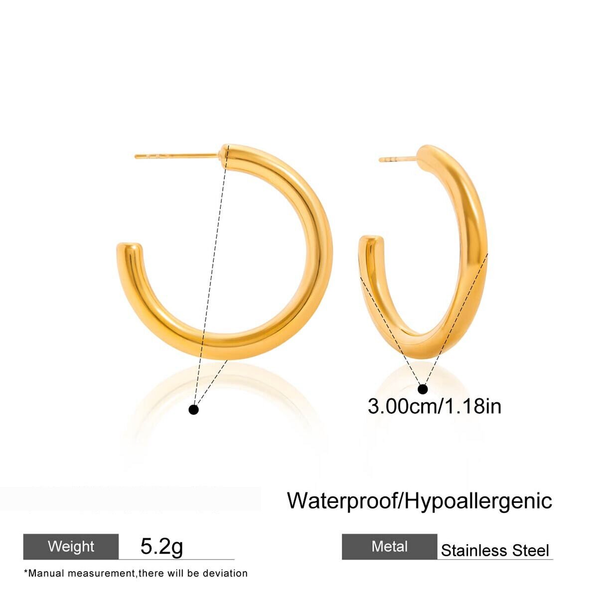 1 Pair Classic Circle Stainless Steel Waterproof Gold Color Women's Hoop Earrings h5 