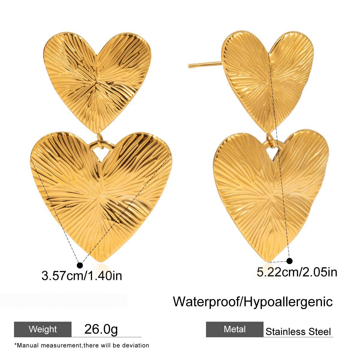 1 Pair Romantic Heart Stainless Steel Waterproof Gold Color Women's Drop Earrings h5 Picture2