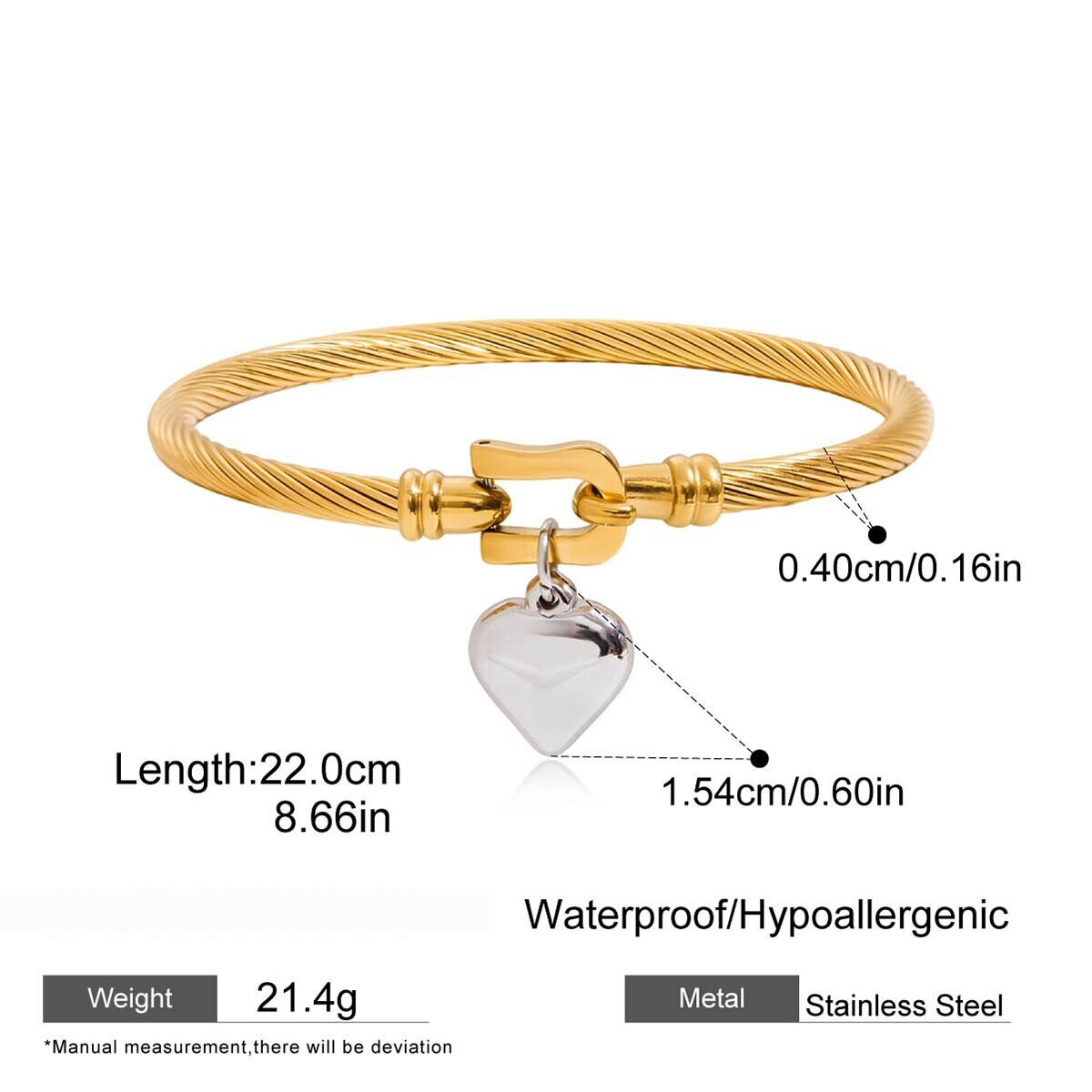 1 Piece Simple Heart Stainless Steel Waterproof Gold&Silver Color Women's Bangles Picture2