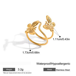 1 Piece Retro Shape Butterfly Stainless Steel Waterproof Gold Color Natural Stone Statement Rings h5 Picture2