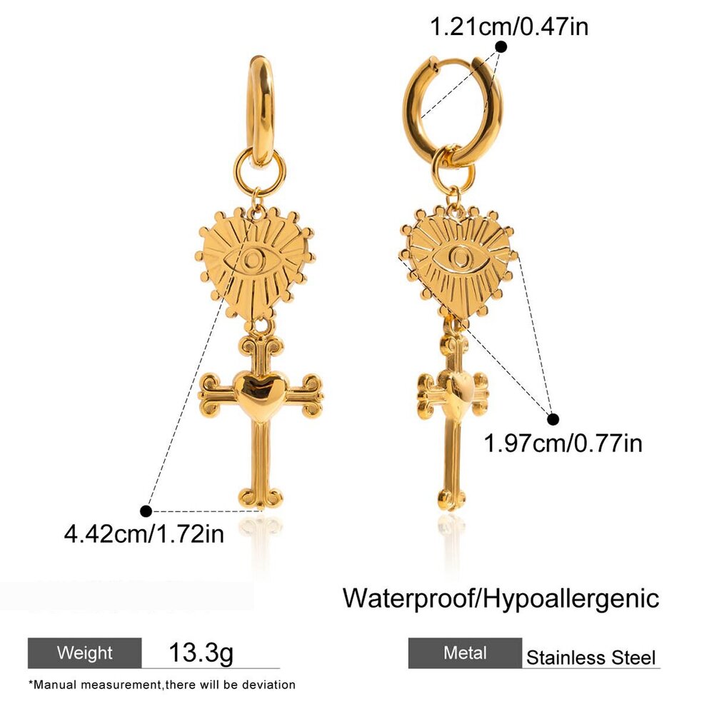 1 Par De Pendientes Colgantes Retro De Acero Inoxidable Con Forma De Corazón Y Cruz, Resistentes Al Agua, Color Dorado, Para Mujer Imagen2