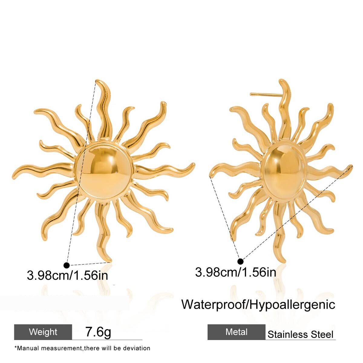 1 Pair Classic Sun Stainless Steel Waterproof Gold Color Women's Stud Earrings Picture2