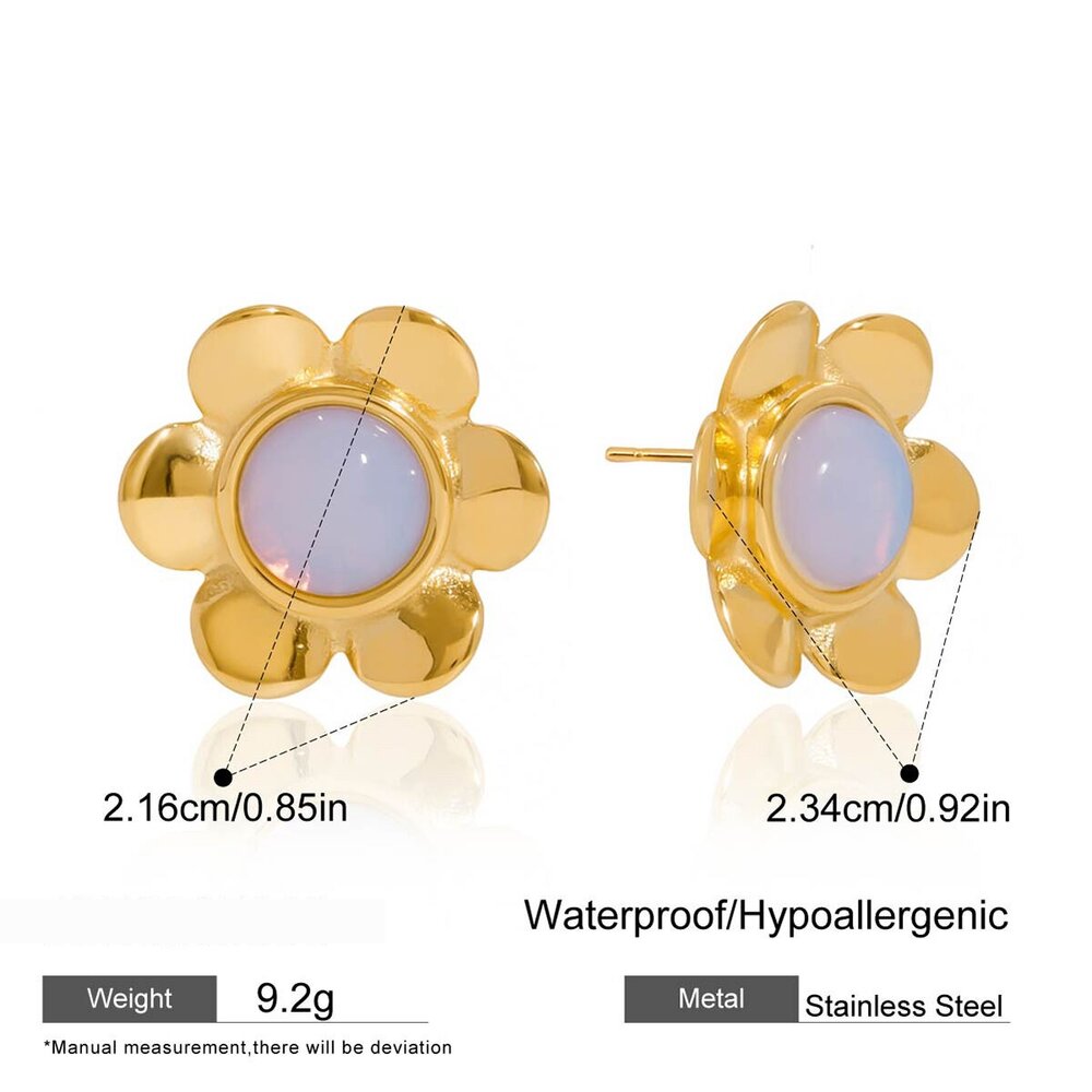 1 Paar Klassieke Opalen Bloemvormige, Waterdichte, Goudkleurige Oorbellen Van Roestvrij Staal Voor Dames. Afbeelding2