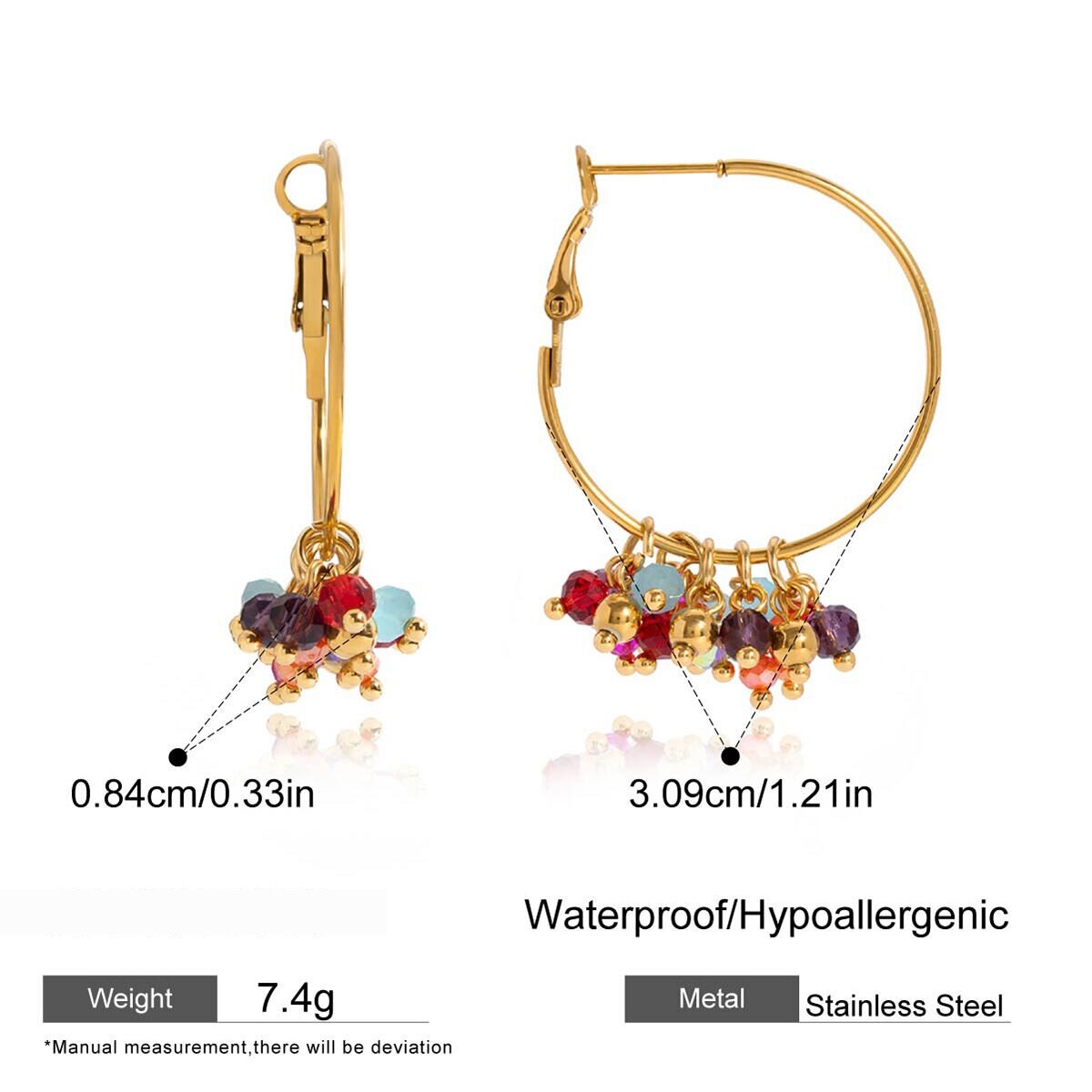 1 Pair Luxurious Series Polychrome Beads Stainless Steel Waterproof Gold Color Women's Hoop Earrings Picture2
