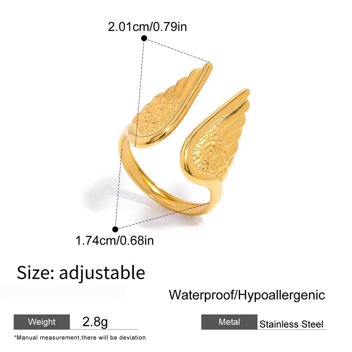 1 Piece Delicate Wings Stainless Steel Waterproof Gold Color Statement Rings h5 Picture2