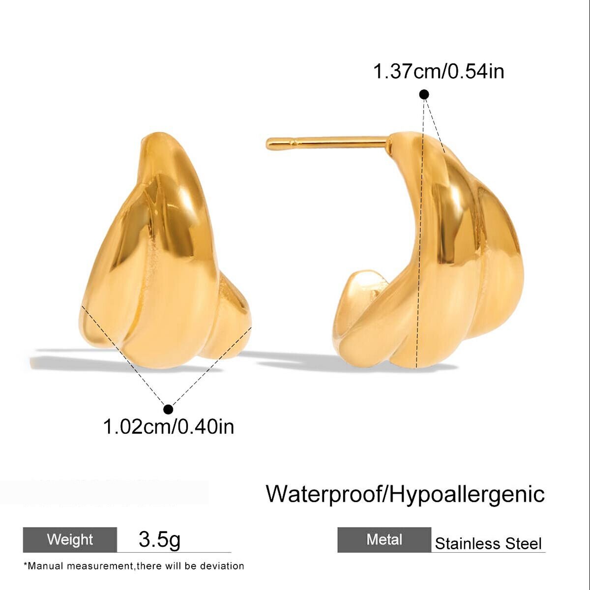 1 Pair Simple Twist Stainless Steel Waterproof Gold Color Women's Hoop Earrings 