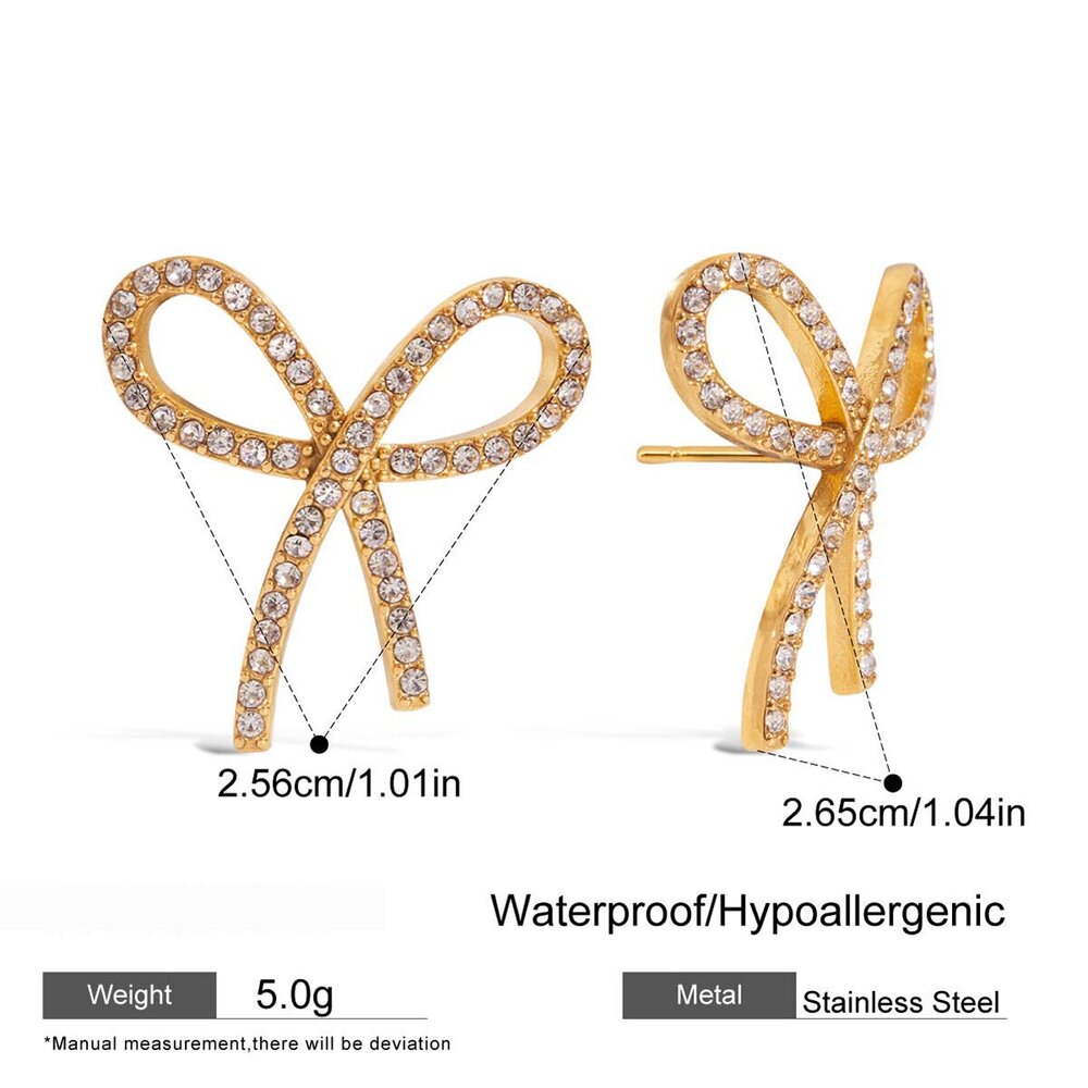 1 Pair Shinning Series Bow Knot Stainless Steel Waterproof Gold Color Women's Stud Earrings Picture2