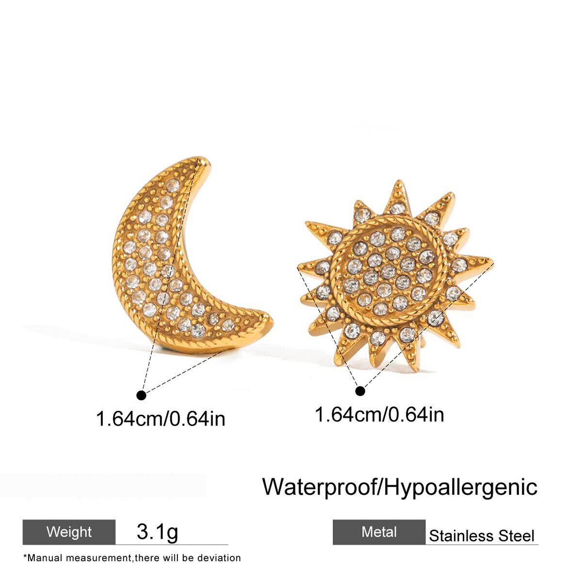 1 Pair Delicate Sun&Moon Stainless Steel Waterproof Gold Color Women's Stud Earrings h5 Picture2