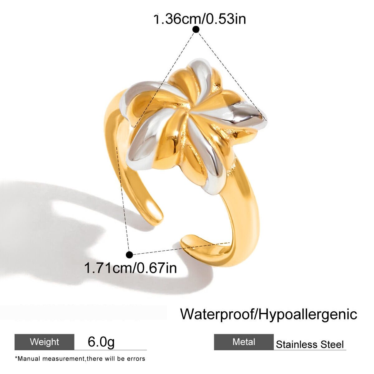 Bague Ajustable Pour Femme, En Acier Inoxydable Doré, Avec Motif Étoile Et Étanche. Image2