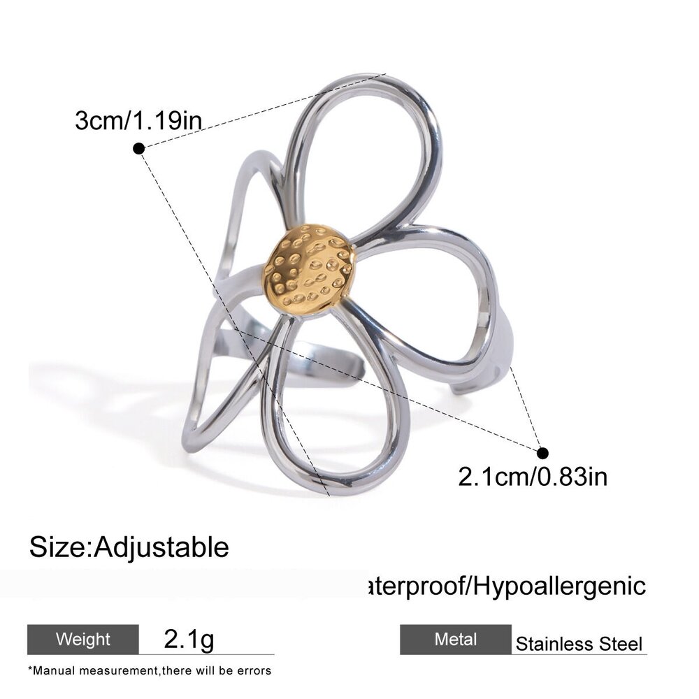 1 Piece Exquisite Flower Stainless Steel Waterproof Gold Color Statement Rings