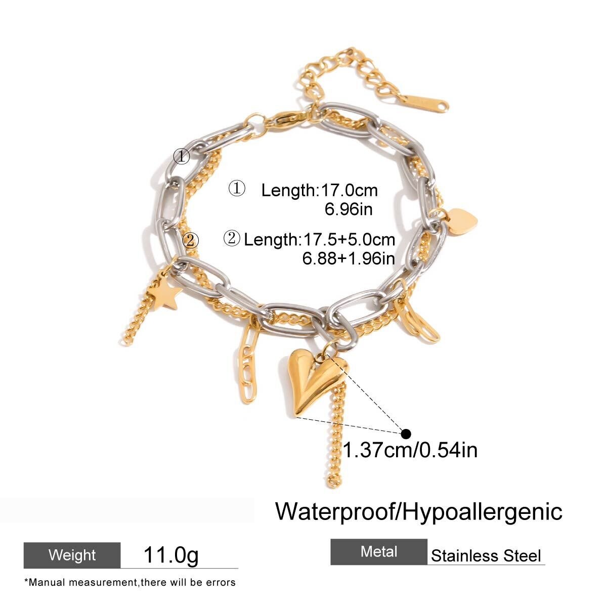 Heart Stainless Steel Waterproof Mixed Color Charm Bracelets 