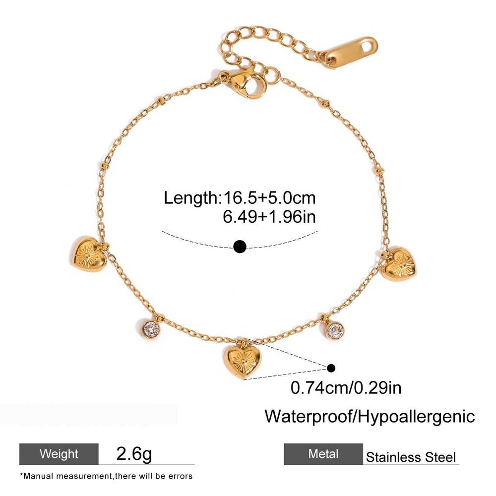Heart Stainless Steel Waterproof Gold Color Charm Bracelets