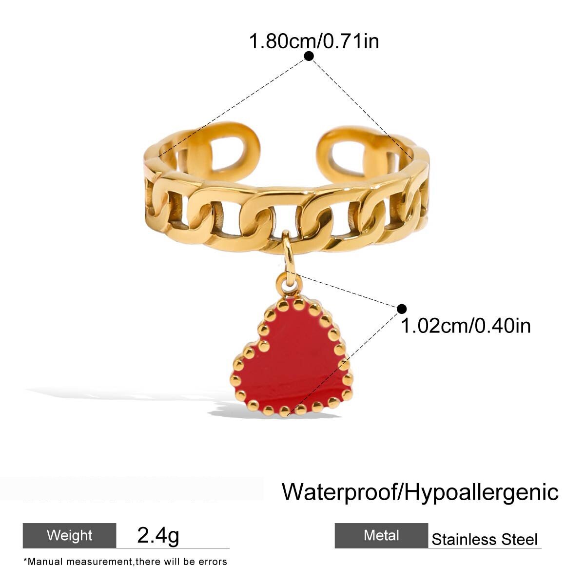 Retro Heart Stainless Steel Waterproof Gold Color Statement Rings 