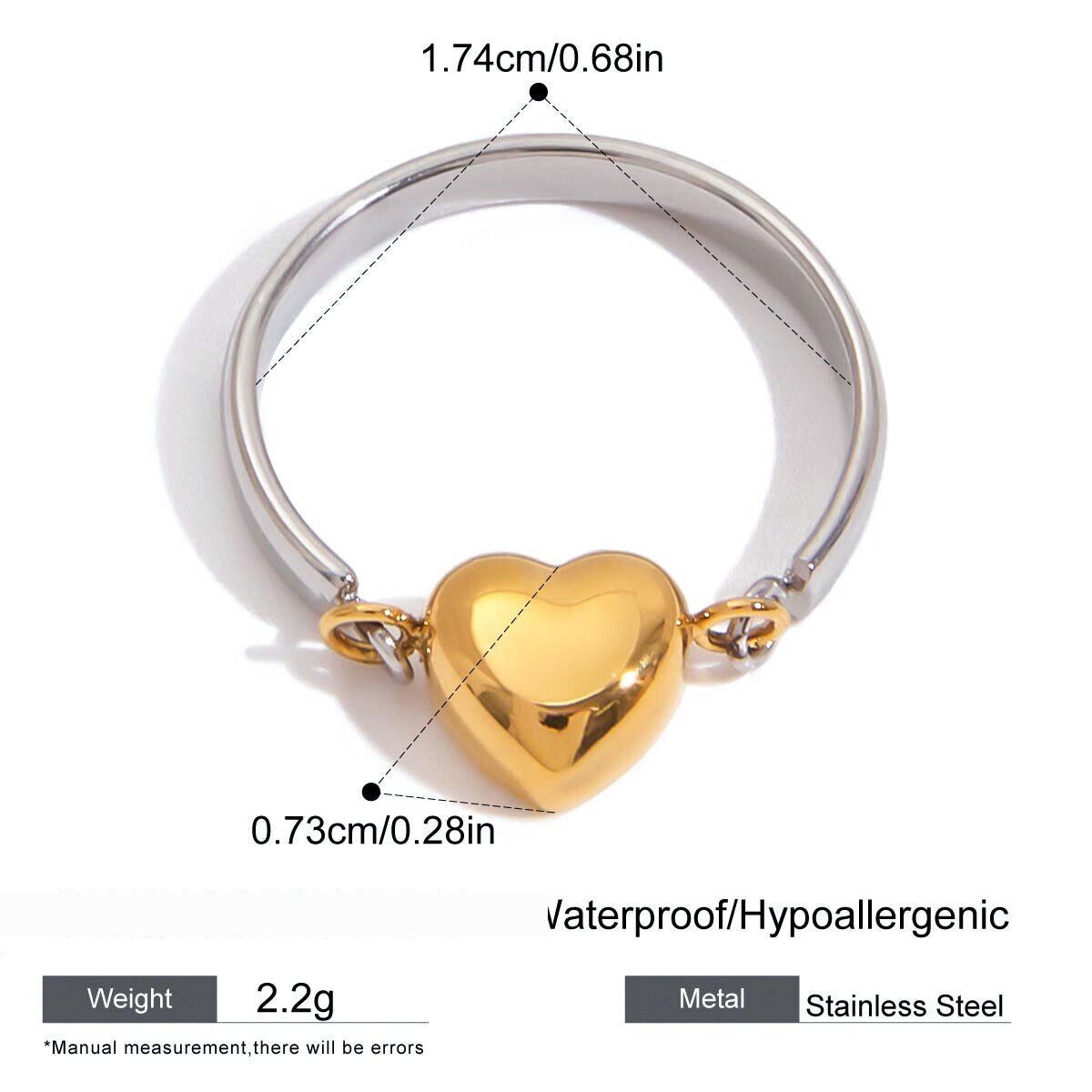 Simple Heart Stainless Steel Waterproof Gold Color Statement Rings 