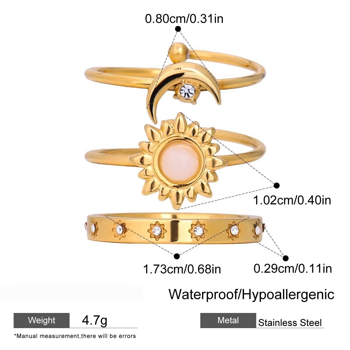 Conjuntos De Anillos Casuales De Sol Y Luna De Acero Inoxidable, Resistentes Al Agua Y Color Dorado. Imagen2