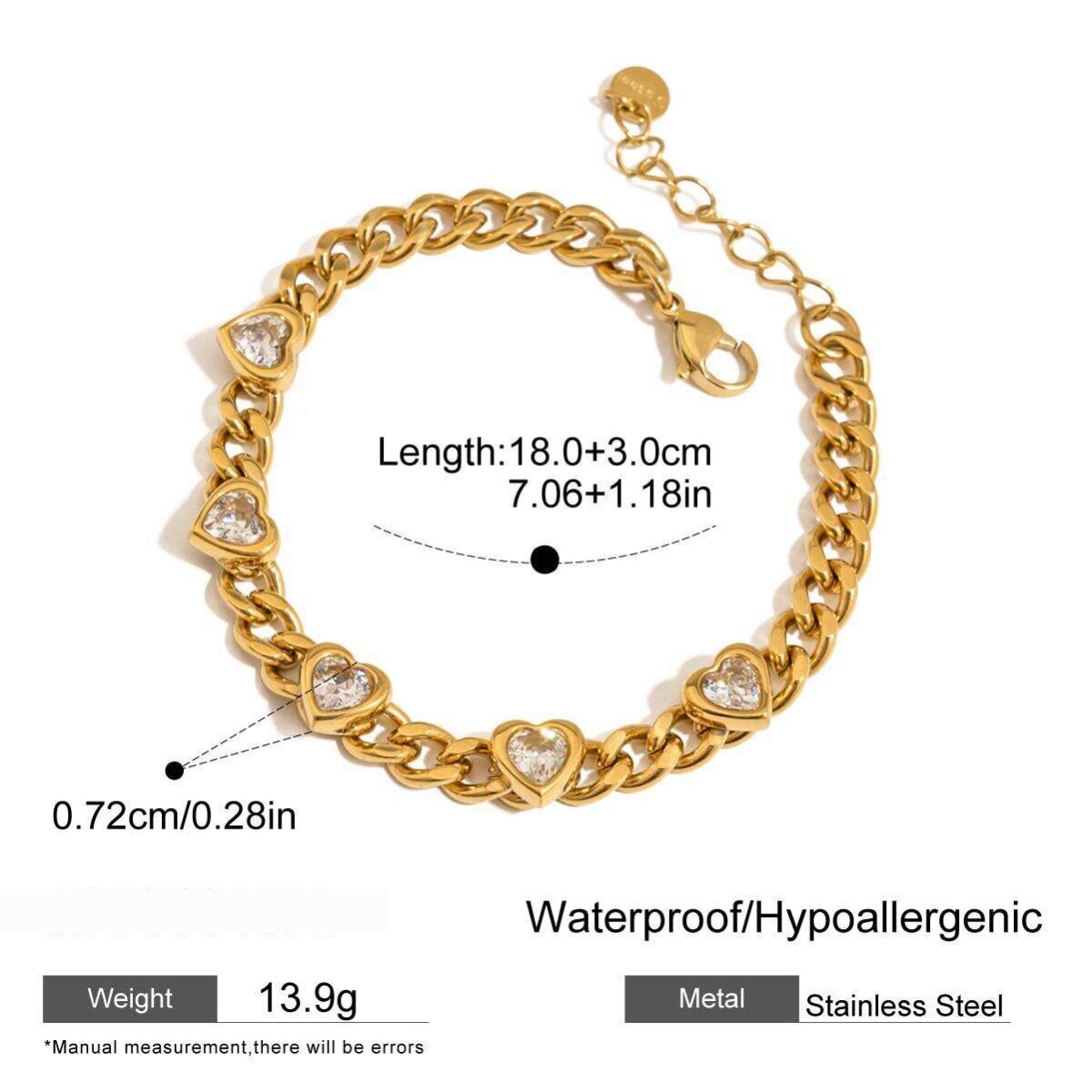 Luxurious Heart Stainless Steel Waterproof Gold Color Charm Bracelets 